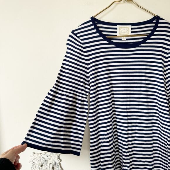 Sail to Sable Navy and White Striped Bell Sleeve Sweater Dress M - Picture 3 of 6
